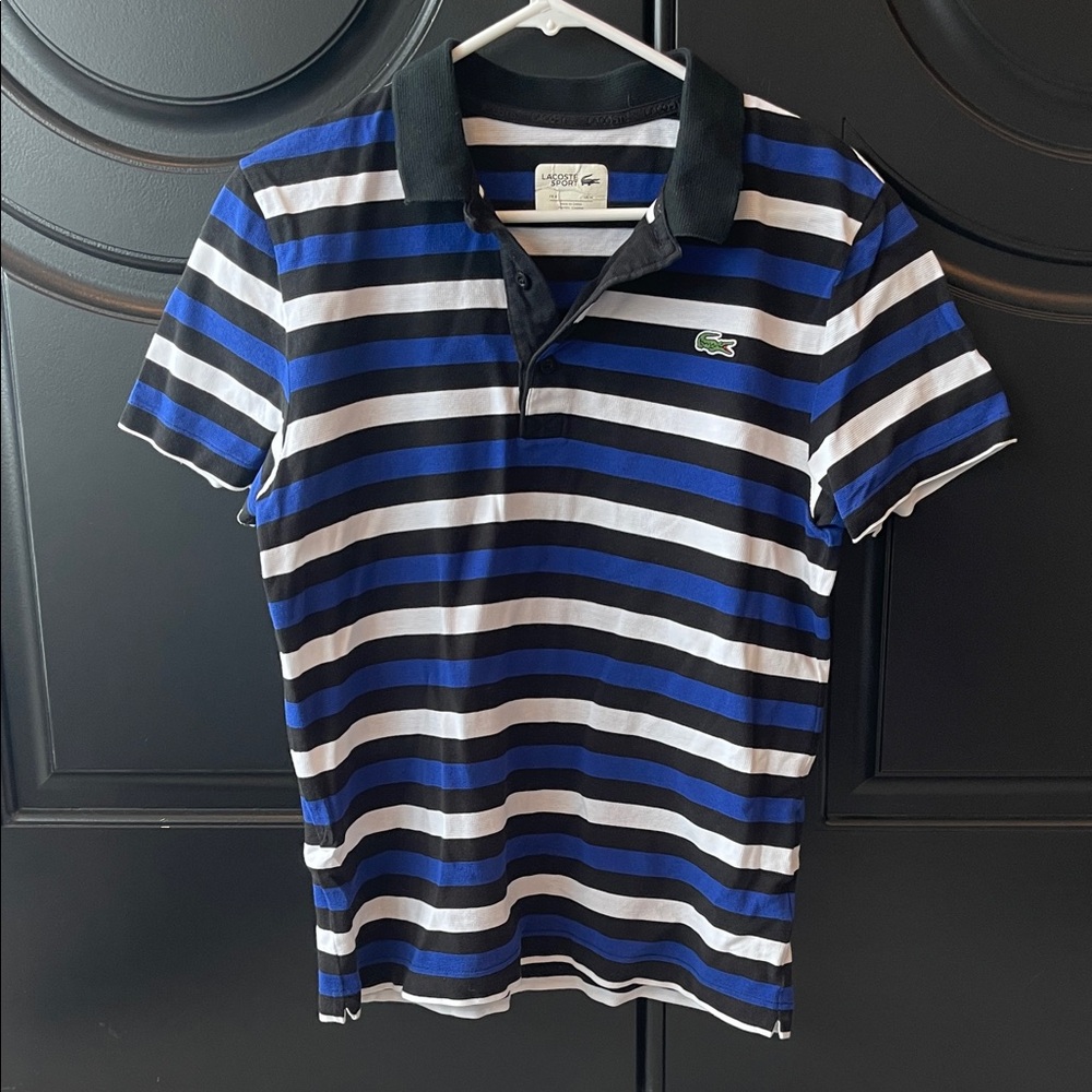 Lacoste Navy and White Striped Polo with Black Collar